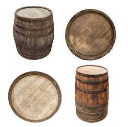 Image of Different wooden barrels isolated on white, top and side views. Collage design