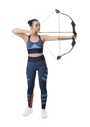 Sporty young woman practicing archery on white background