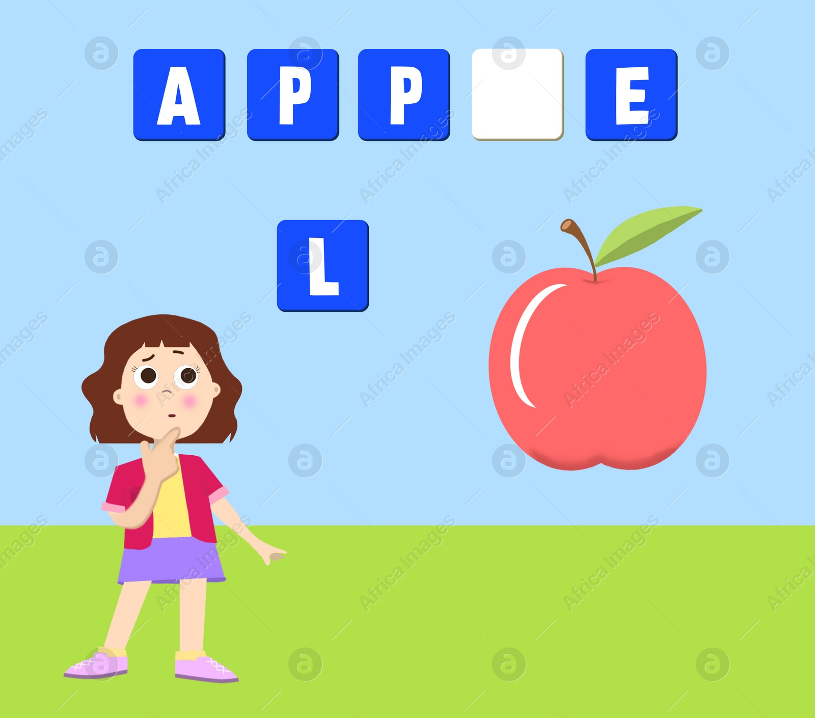 Illustration of English for kids. Make word game. Educational application for children, illustration