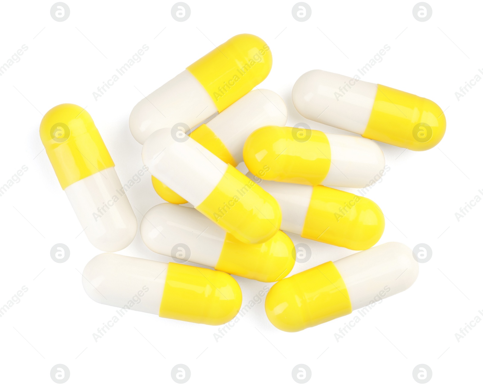 Photo of Many antibiotic pills isolated on white, top view