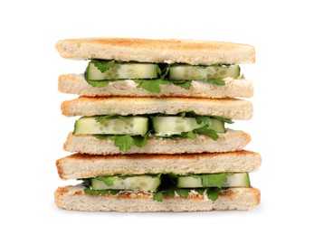 Photo of Tasty sandwiches with cucumber and parsley on white background