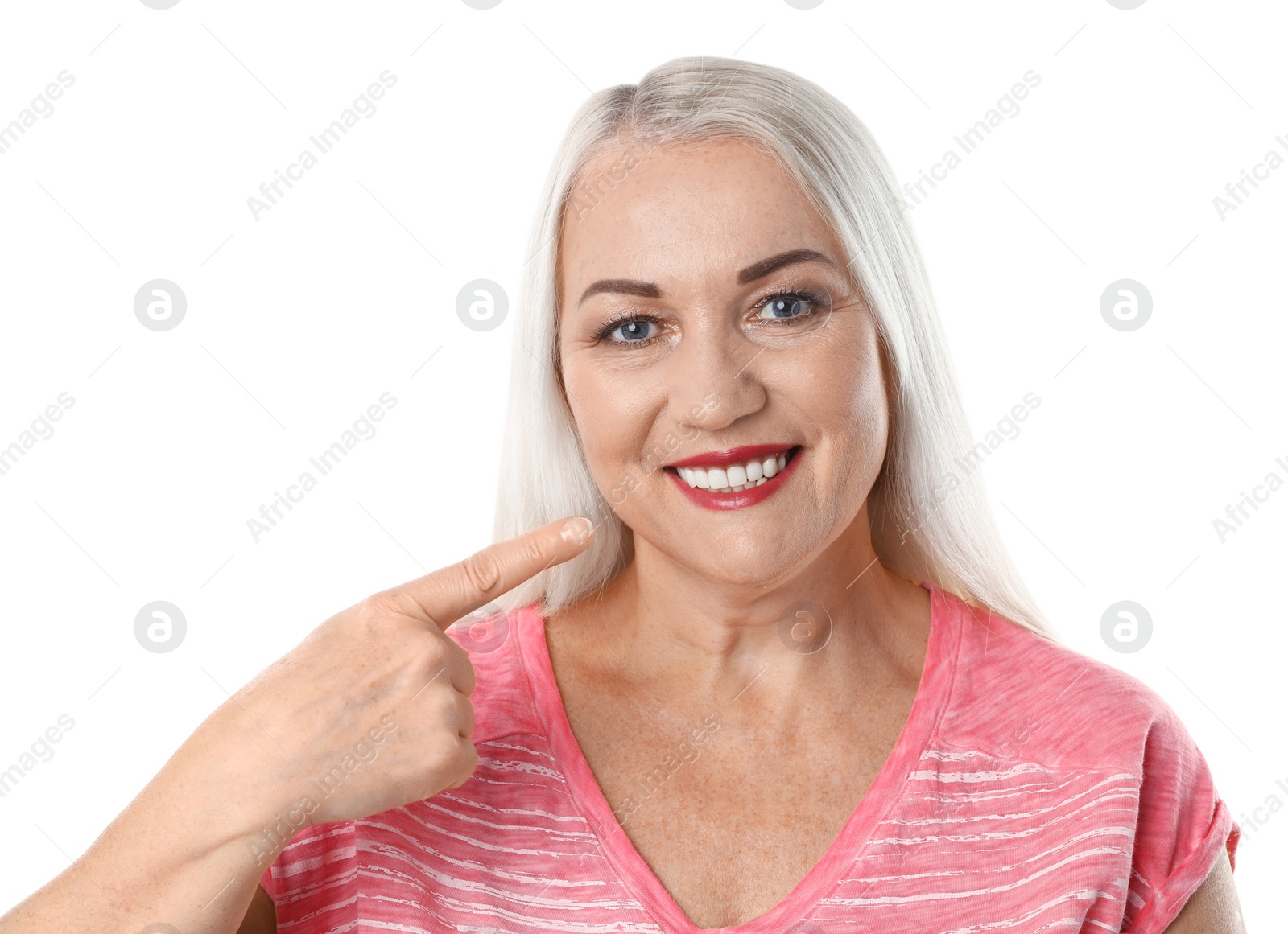 Photo of Smiling woman with perfect teeth on white background