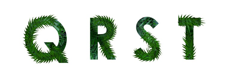 Image of Letters Q, R, S, T decorated with floral pattern on white background. Banner design