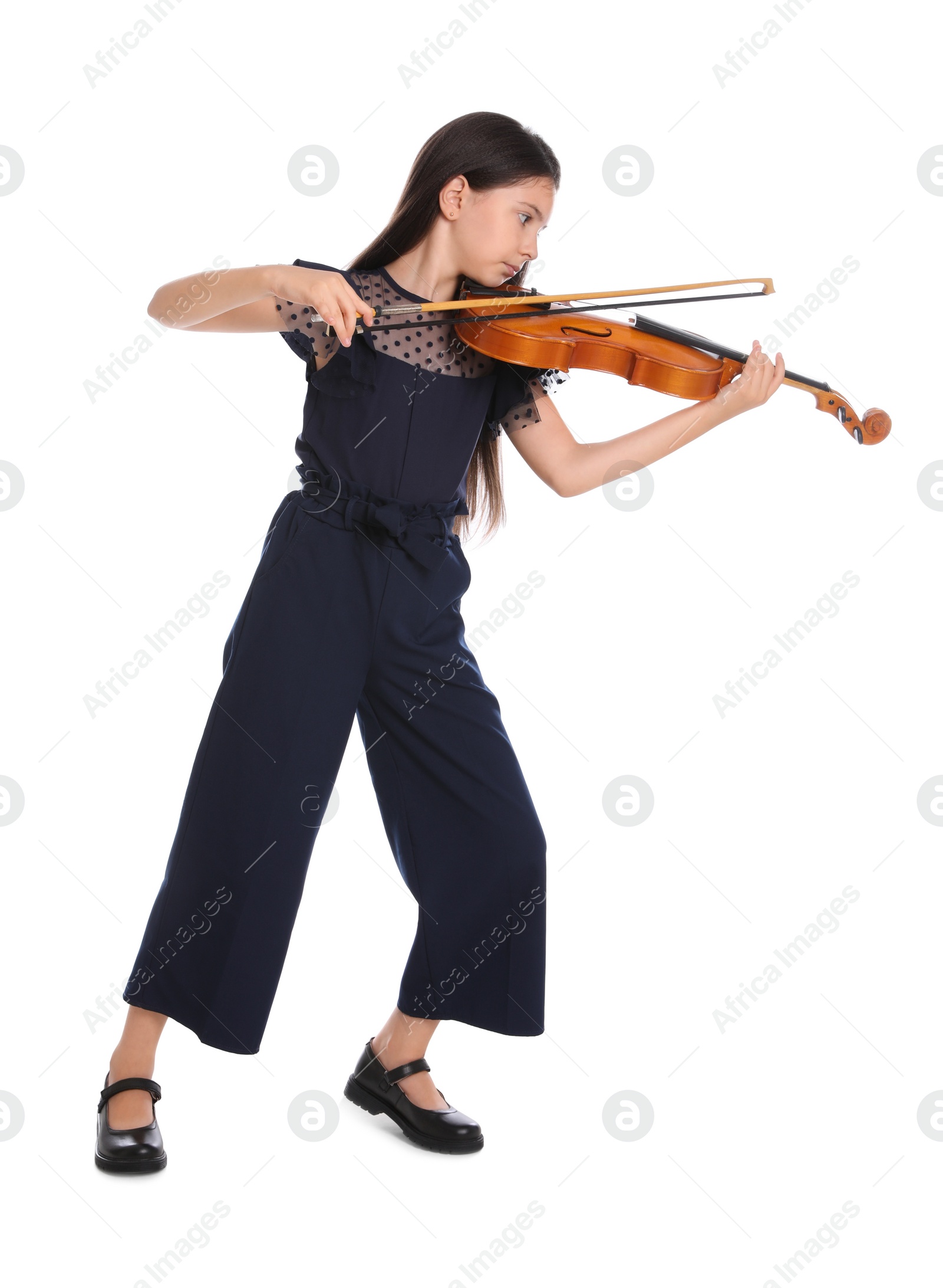 Photo of Preteen girl playing violin on white background