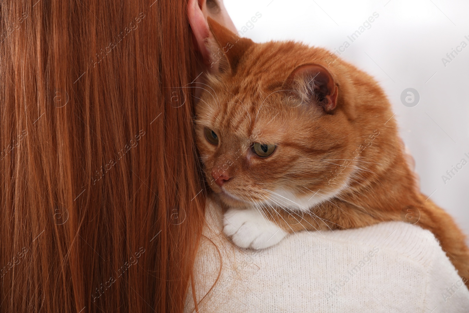 Photo of Woman with her cute cat, closeup view