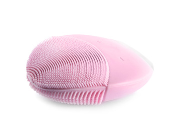 Modern silicone face cleansing brush isolated on white. Cosmetics tool