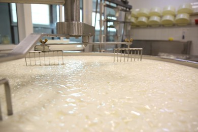 Photo of Curd and whey in tank at cheese factory, closeup