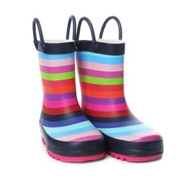 Photo of Colorful children's rubber boots on white background