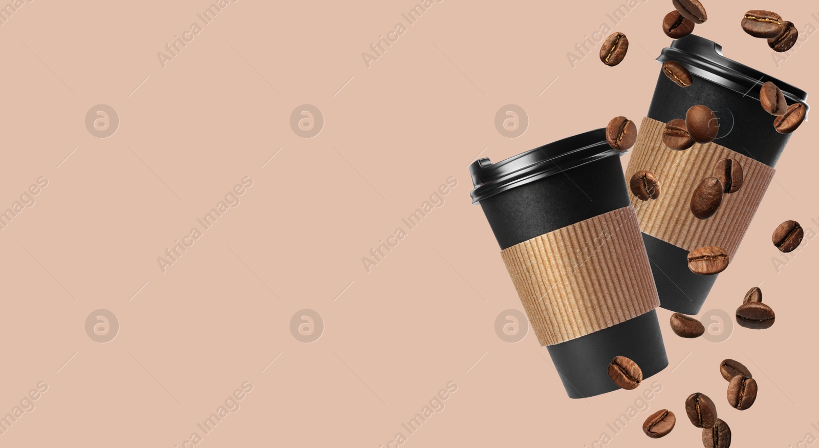 Image of Coffee to go, banner design. Paper cups and roasted beans flying on beige background, space for text