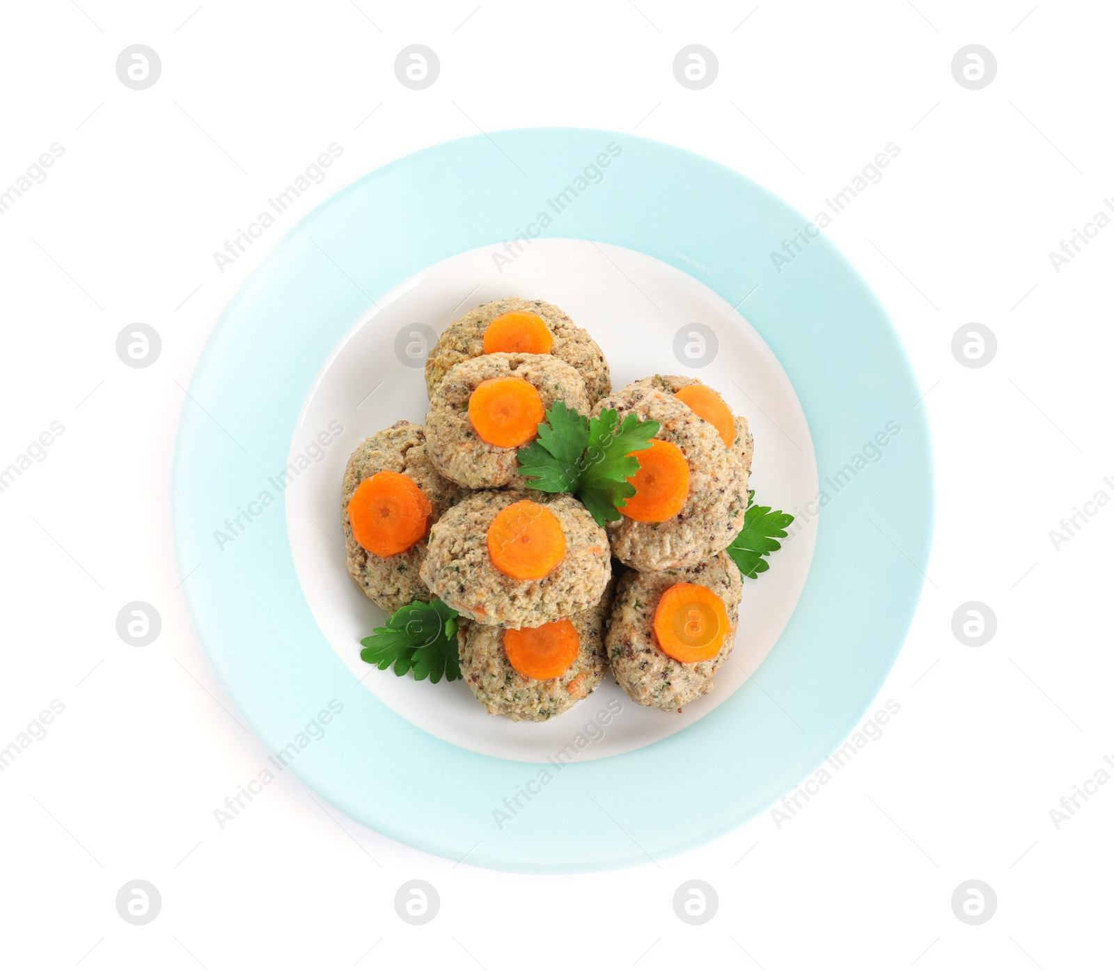 Photo of Plate of traditional Passover (Pesach) gefilte fish isolated on white, top view