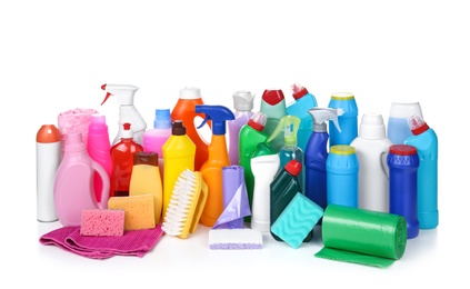 Photo of Different cleaning supplies on white background