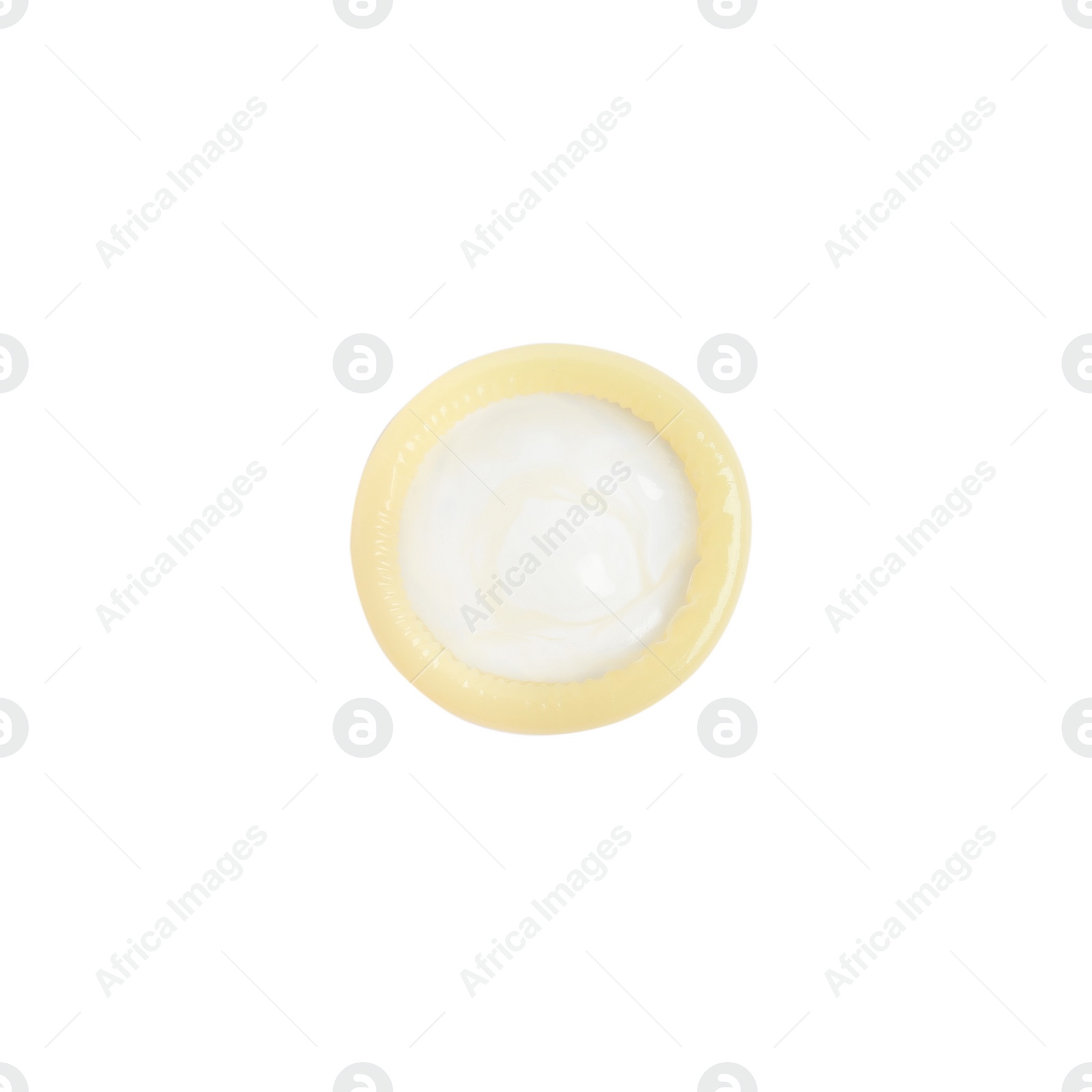 Photo of Unpacked beige condom isolated on white, top view. Safe sex