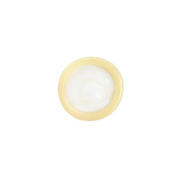 Photo of Unpacked beige condom isolated on white, top view. Safe sex