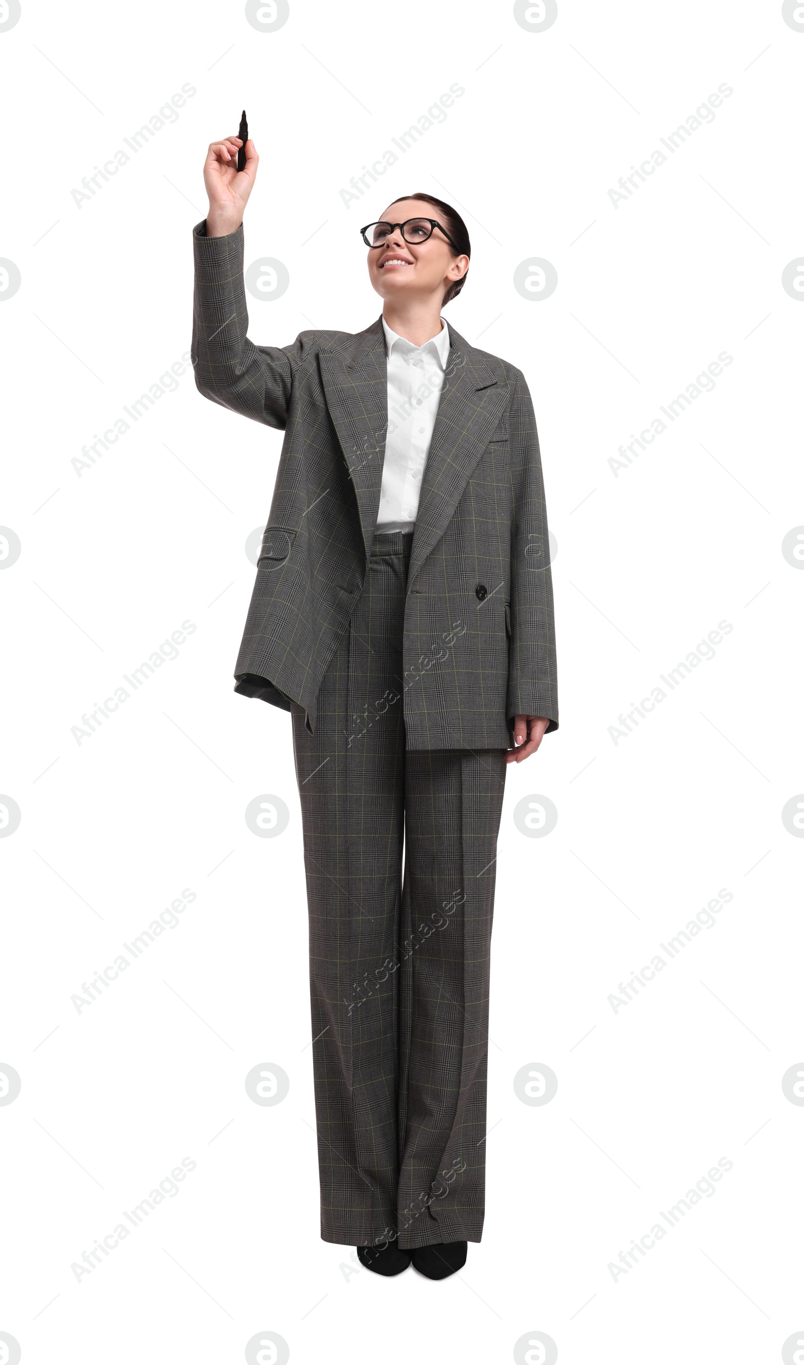 Photo of Beautiful businesswoman in suit with marker on white background