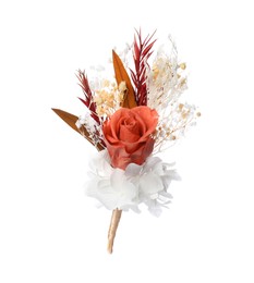 Boutonniere with beautiful rose isolated on white