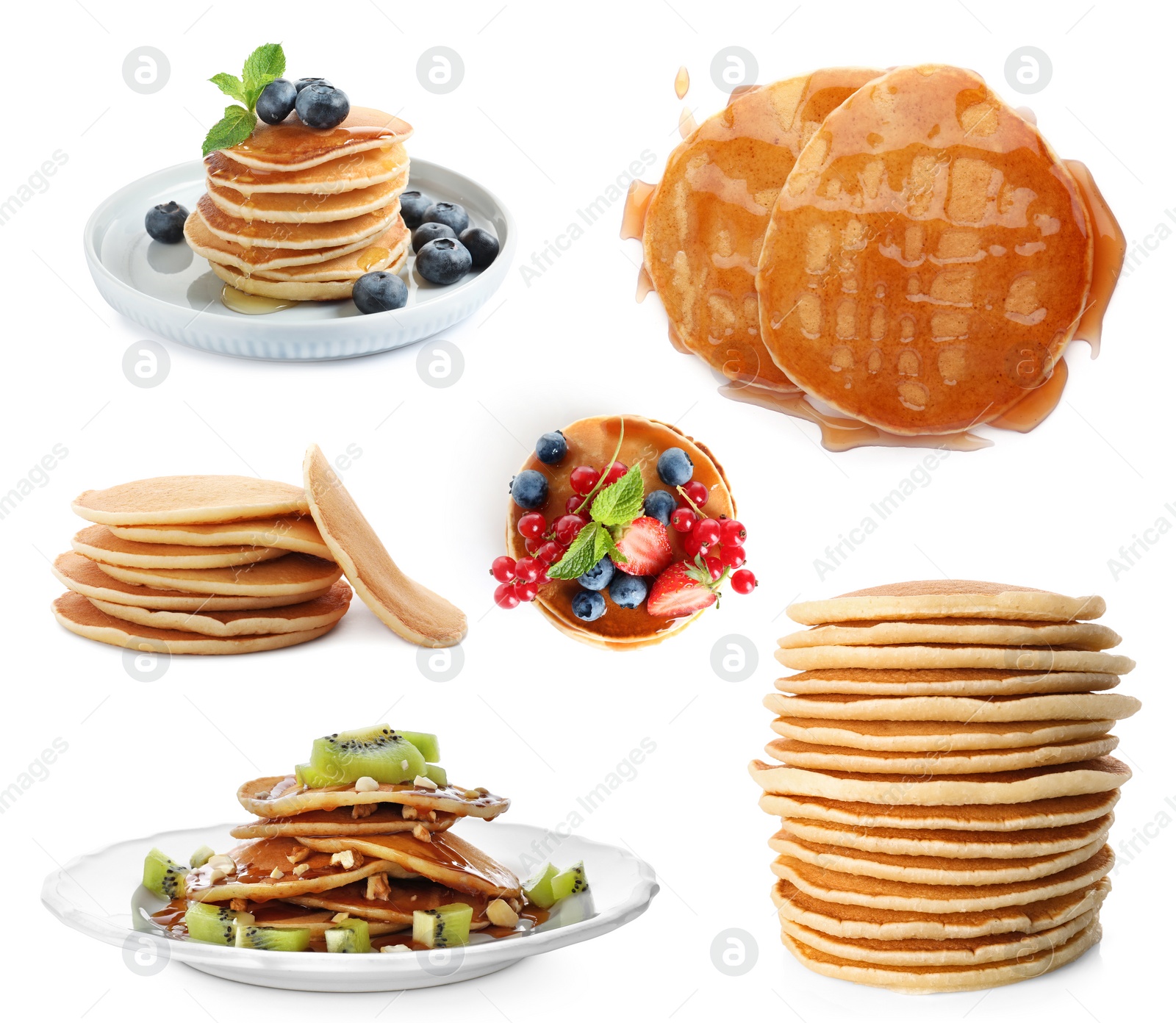 Image of Set of delicious pancakes with different toppings on white background