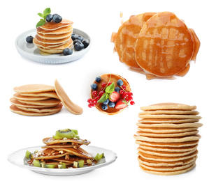 Image of Set of delicious pancakes with different toppings on white background