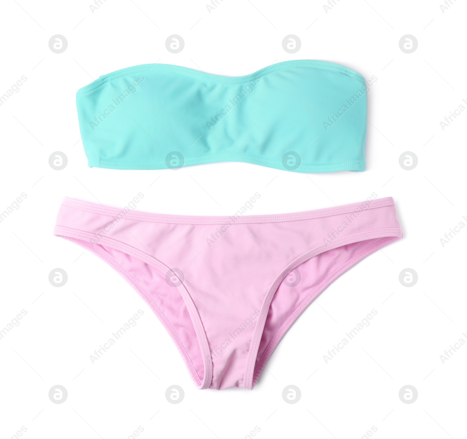 Photo of Beautiful swimsuit on white background. Beach object