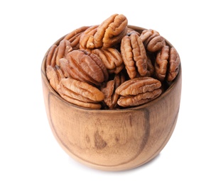 Photo of Ripe shelled pecan nuts in bowl on white background