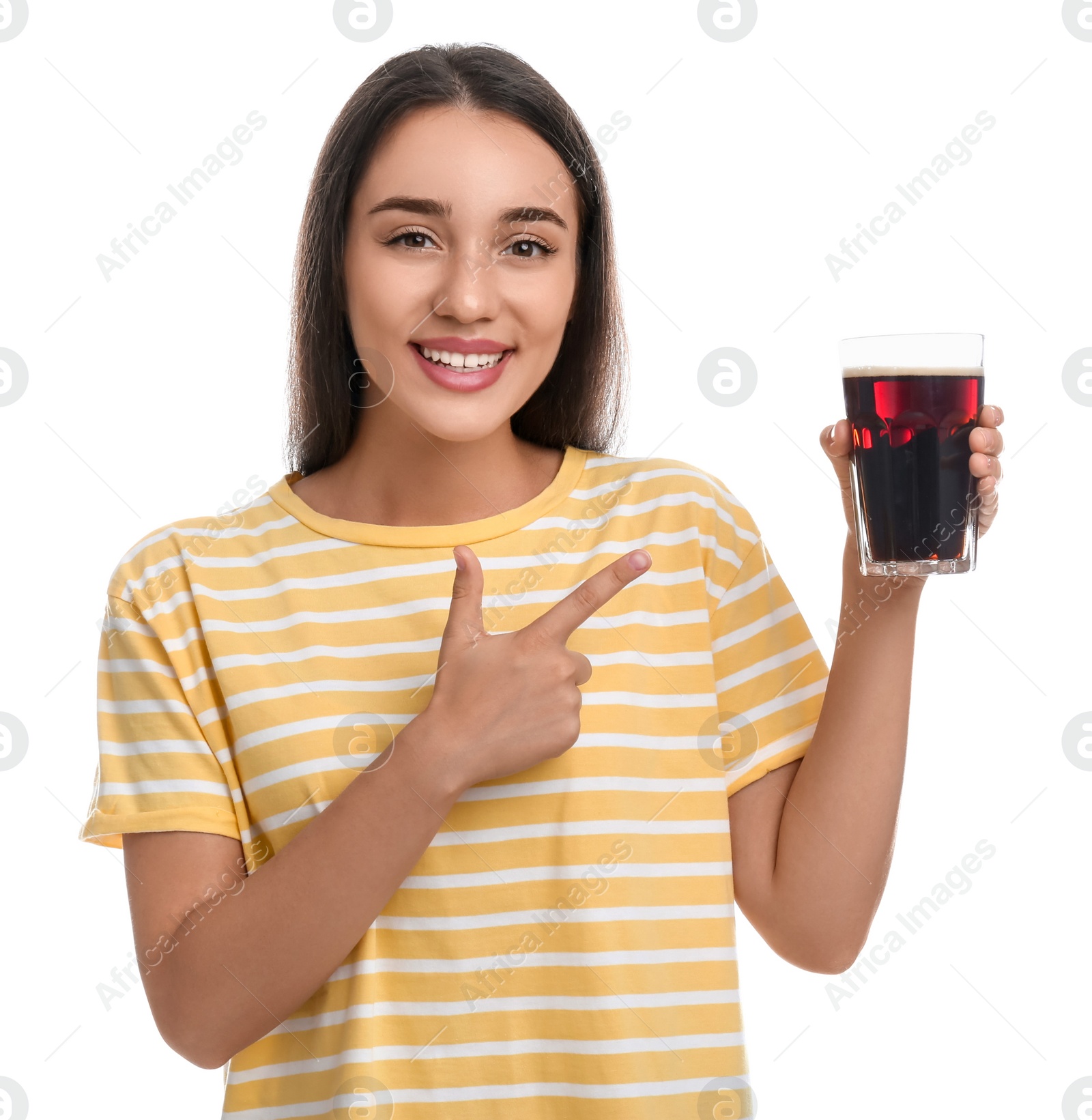 Photo of Beautiful woman with cold kvass on white background. Traditional Russian summer drink