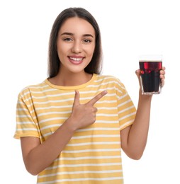 Beautiful woman with cold kvass on white background. Traditional Russian summer drink