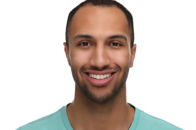 Photo of Portrait of smiling man with healthy clean teeth on white background