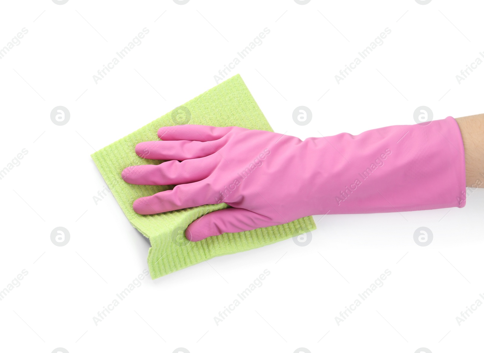 Photo of Person in rubber glove with rag on white background, closeup of hand