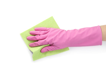 Photo of Person in rubber glove with rag on white background, closeup of hand