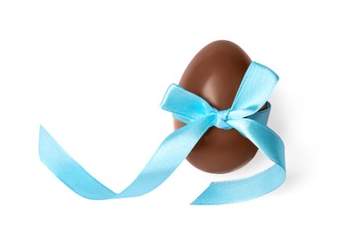 Tasty chocolate egg with color bow isolated on white