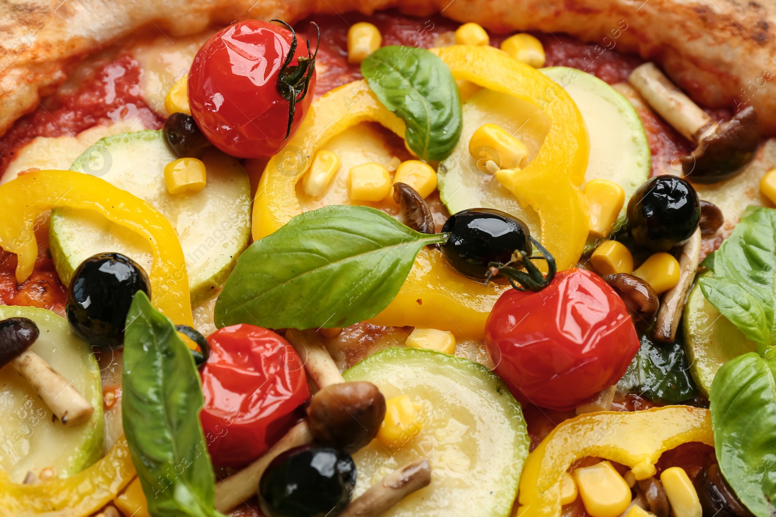 Photo of Delicious fresh vegetable pizza as background, closeup