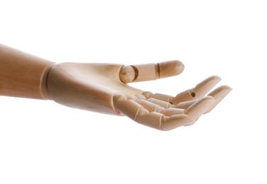 Photo of Wooden hand model on white background. Mannequin part