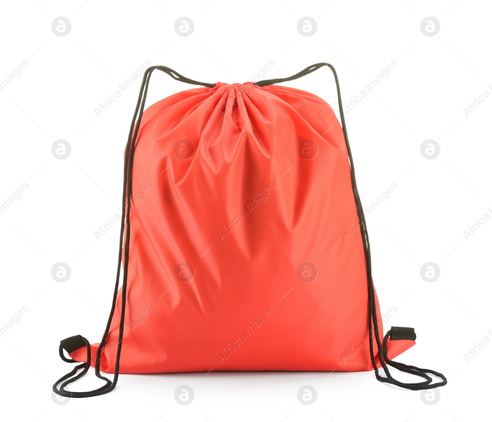 Photo of One red drawstring bag isolated on white