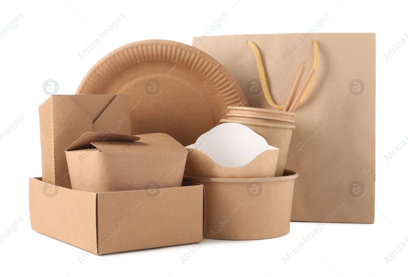 Photo of Eco friendly food packagings, disposable plate and paper bag isolated on white