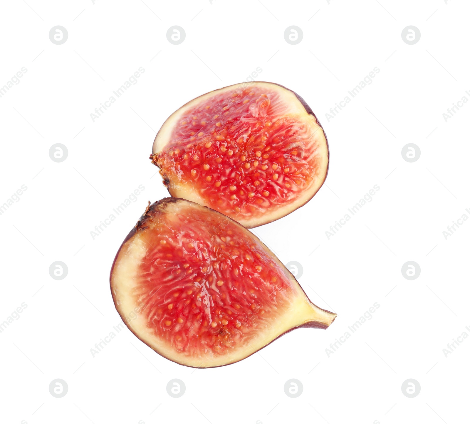 Photo of Slices of fresh fig fruit on white background, top view