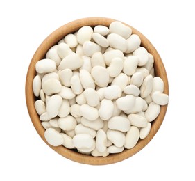Photo of Bowl of uncooked navy beans isolated on white, top view
