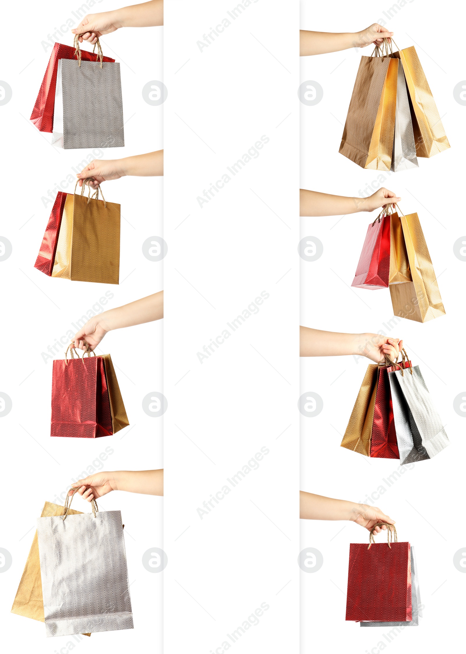 Image of Collage of women holding paper shopping bags on white background, closeup