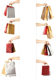 Image of Collage of women holding paper shopping bags on white background, closeup