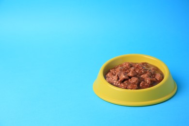 Photo of Wet pet food in feeding bowl on light blue background. Space for text