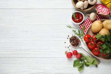 Photo of Flat lay composition with fresh products on white wooden table, space for text. Healthy cooking