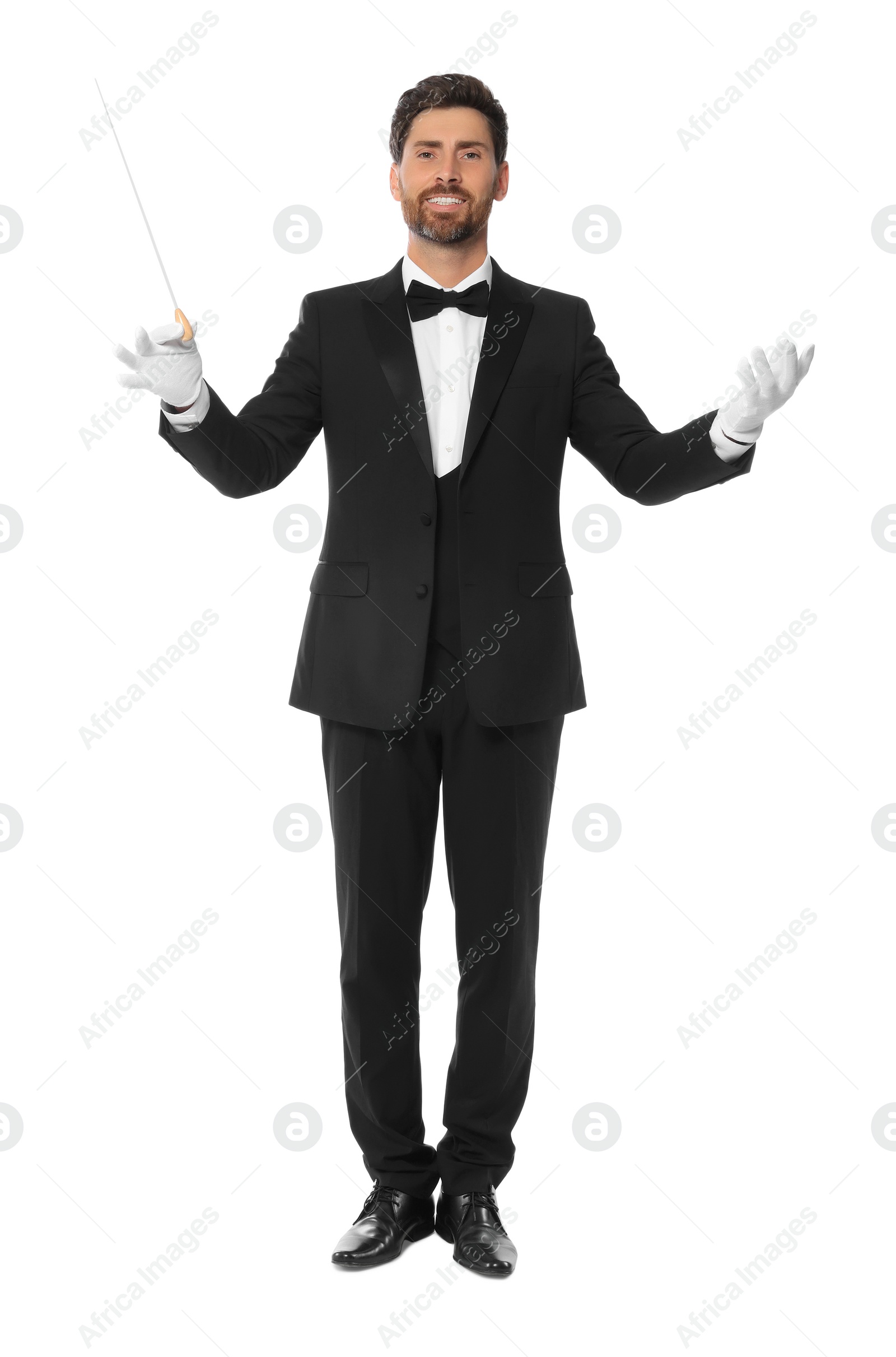 Photo of Happy professional conductor with baton on white background