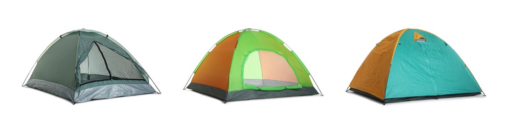 Image of Set with different bright camping tents on white background. Banner design