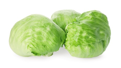 Photo of Fresh green iceberg lettuces isolated on white