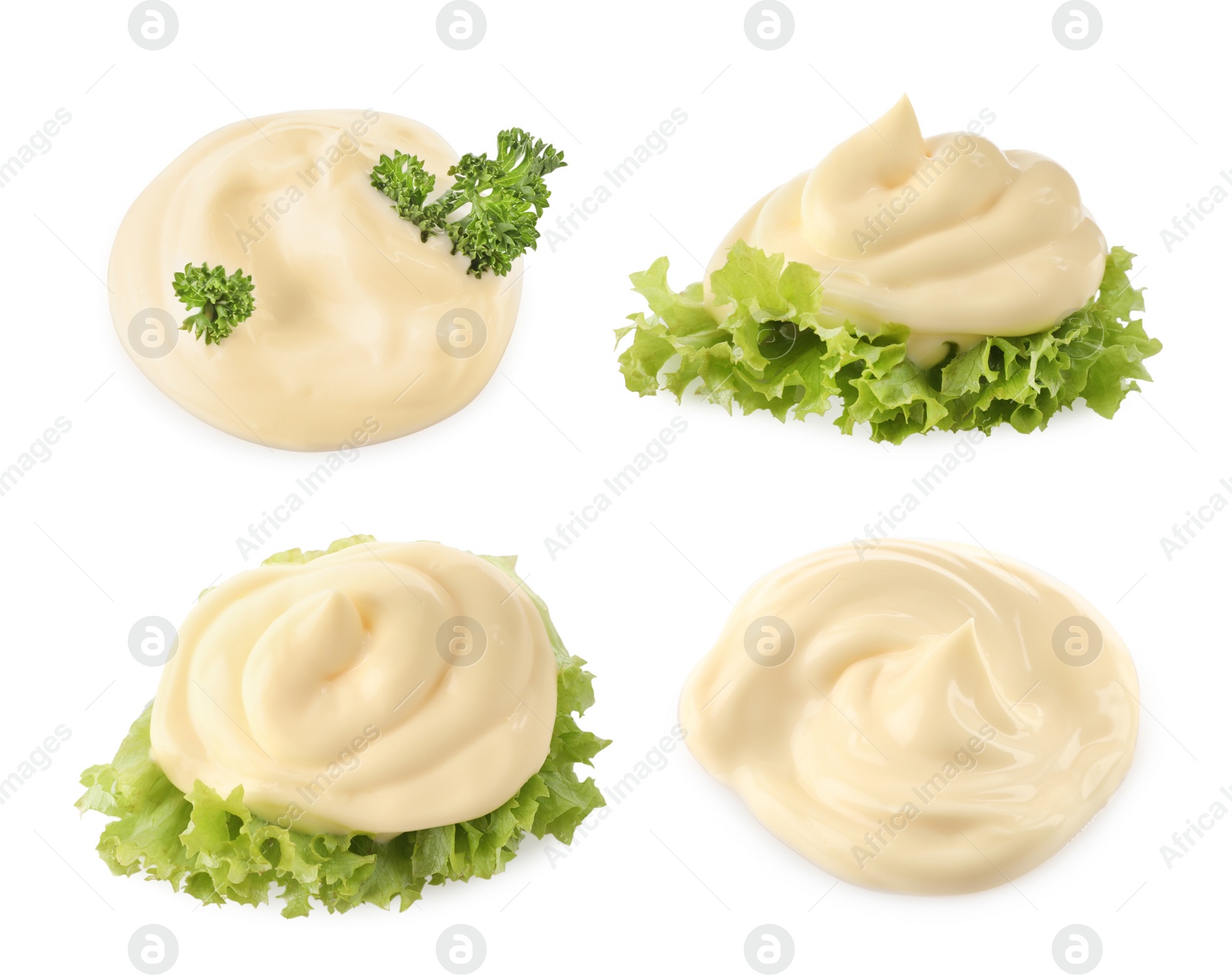 Image of Set with tasty mayonnaise and lettuce on white background