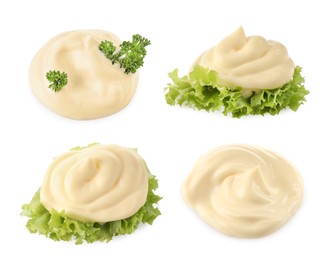 Set with tasty mayonnaise and lettuce on white background