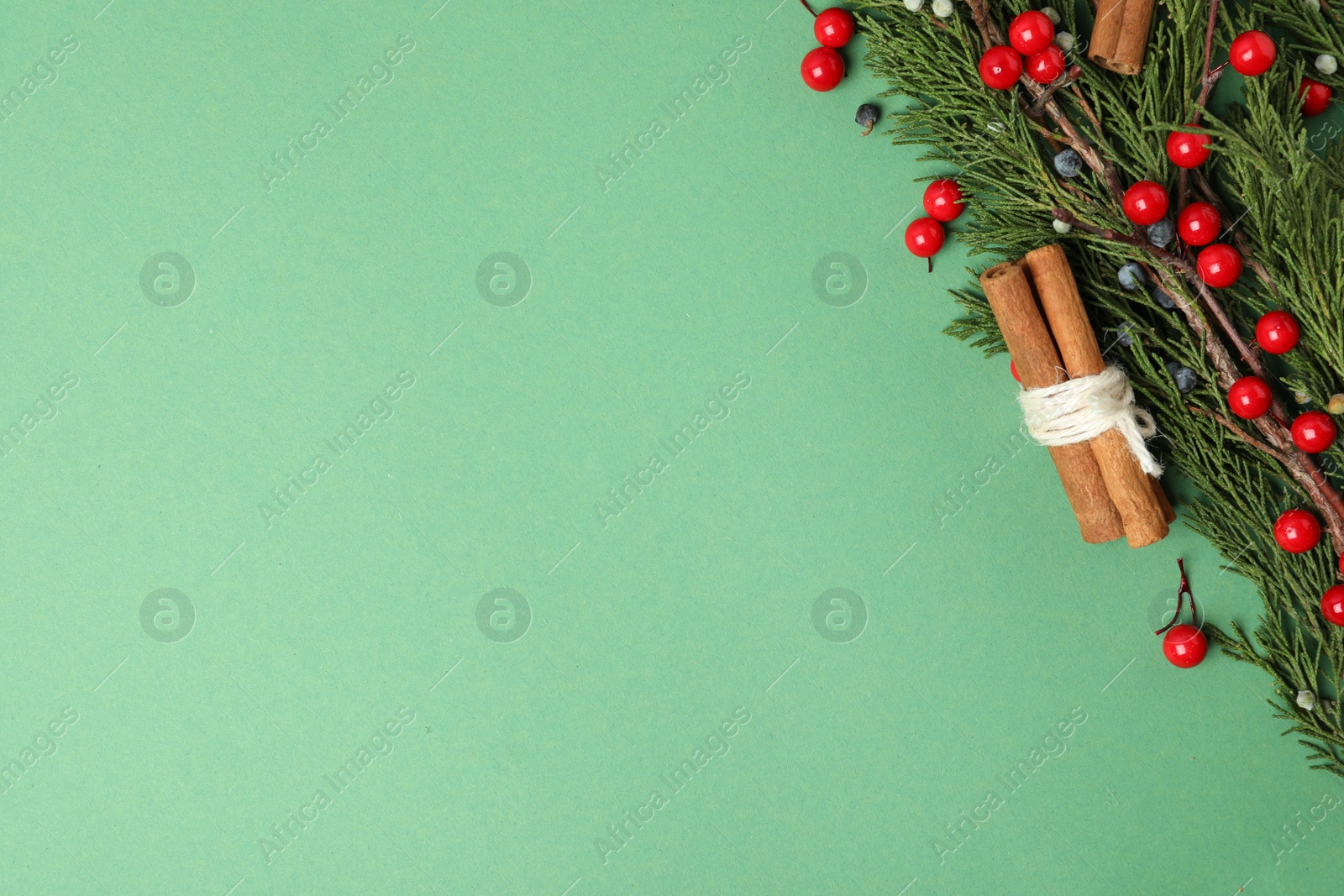 Photo of Christmas flat lay composition with conifer branches and berries on green background, space for text. Winter holidays