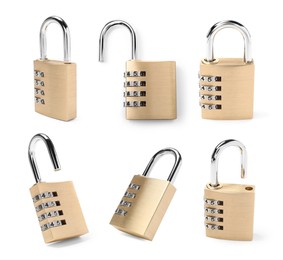 Image of Steel combination padlock isolated on white, different sides. Set