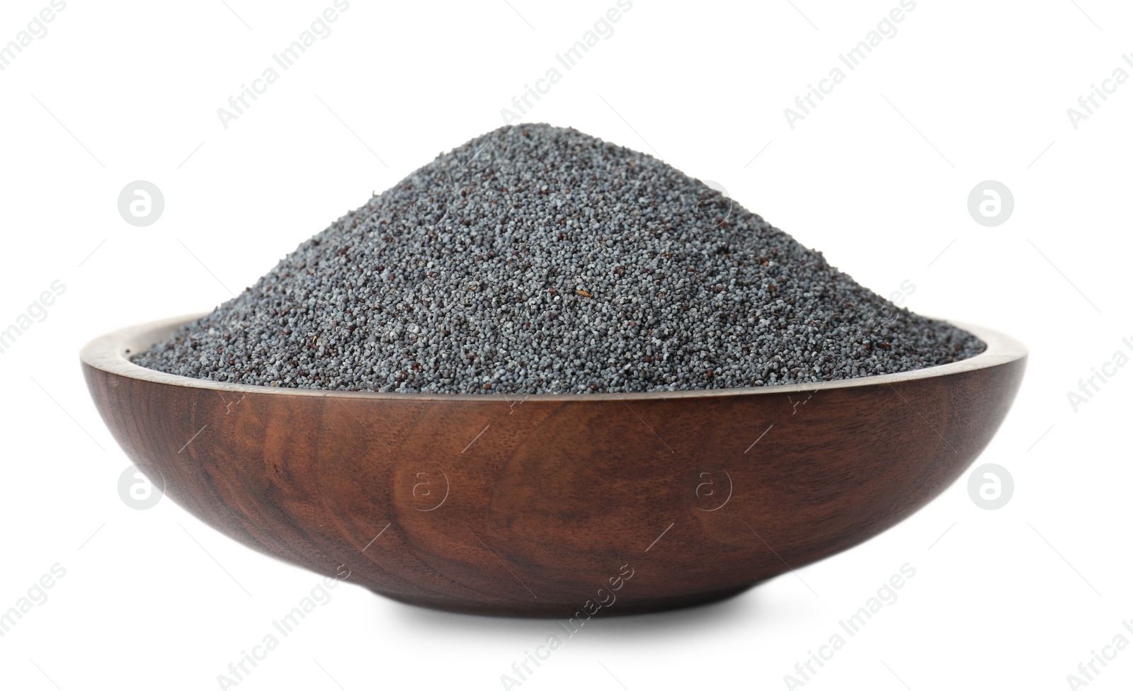 Photo of Poppy seeds in wooden plate on white background