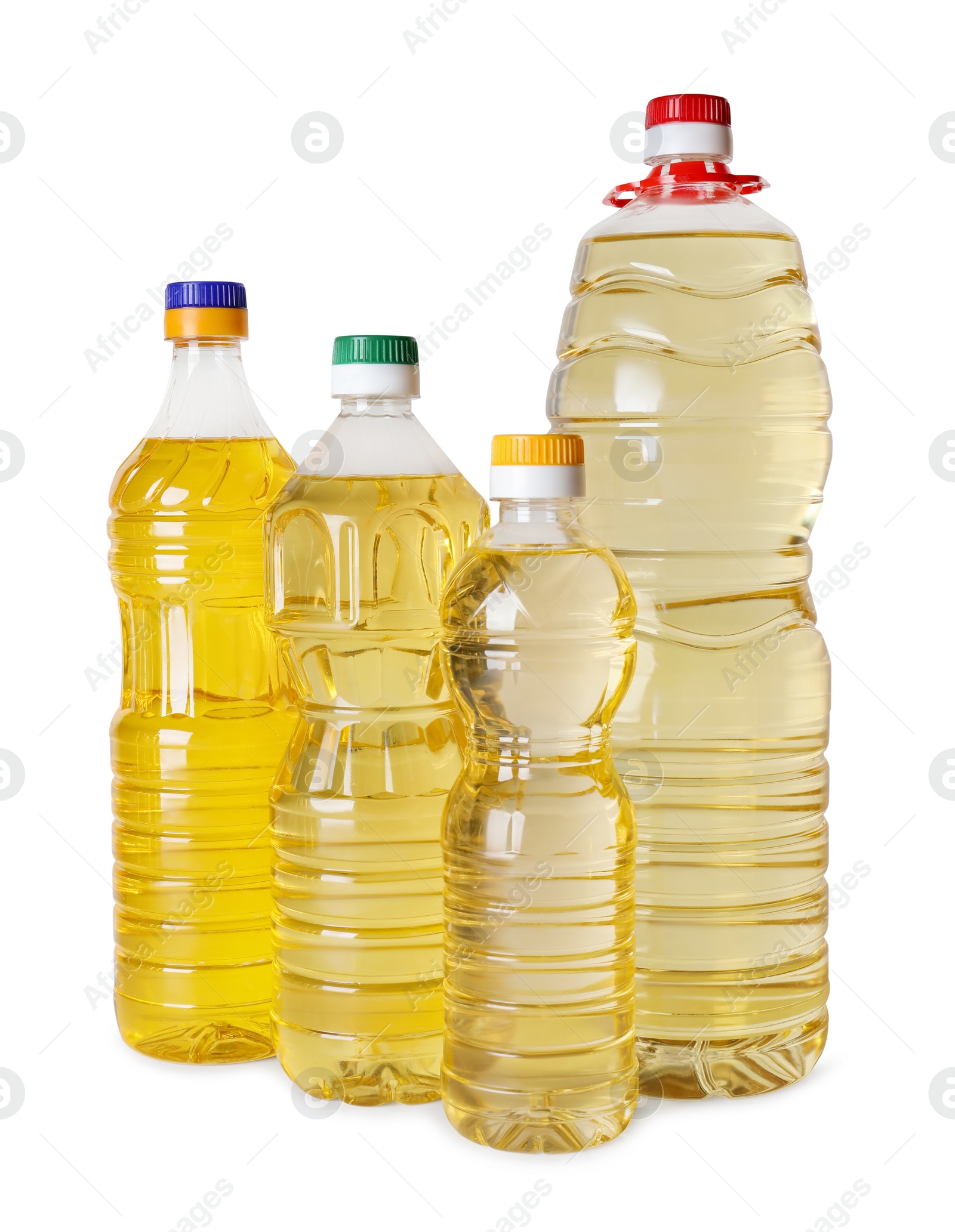 Photo of Bottles of cooking oil on white background