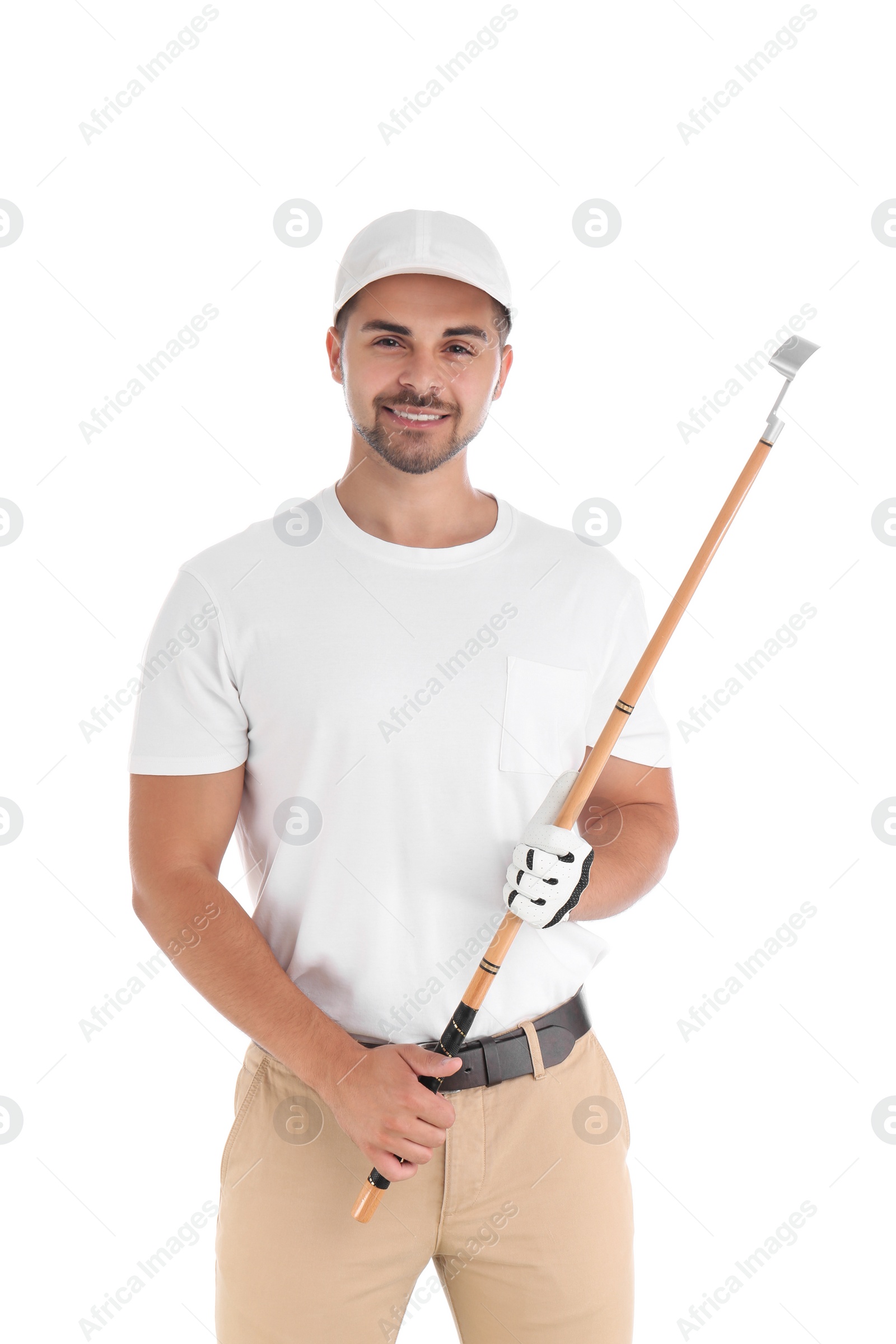 Photo of Portrait of young man with golf club on white background