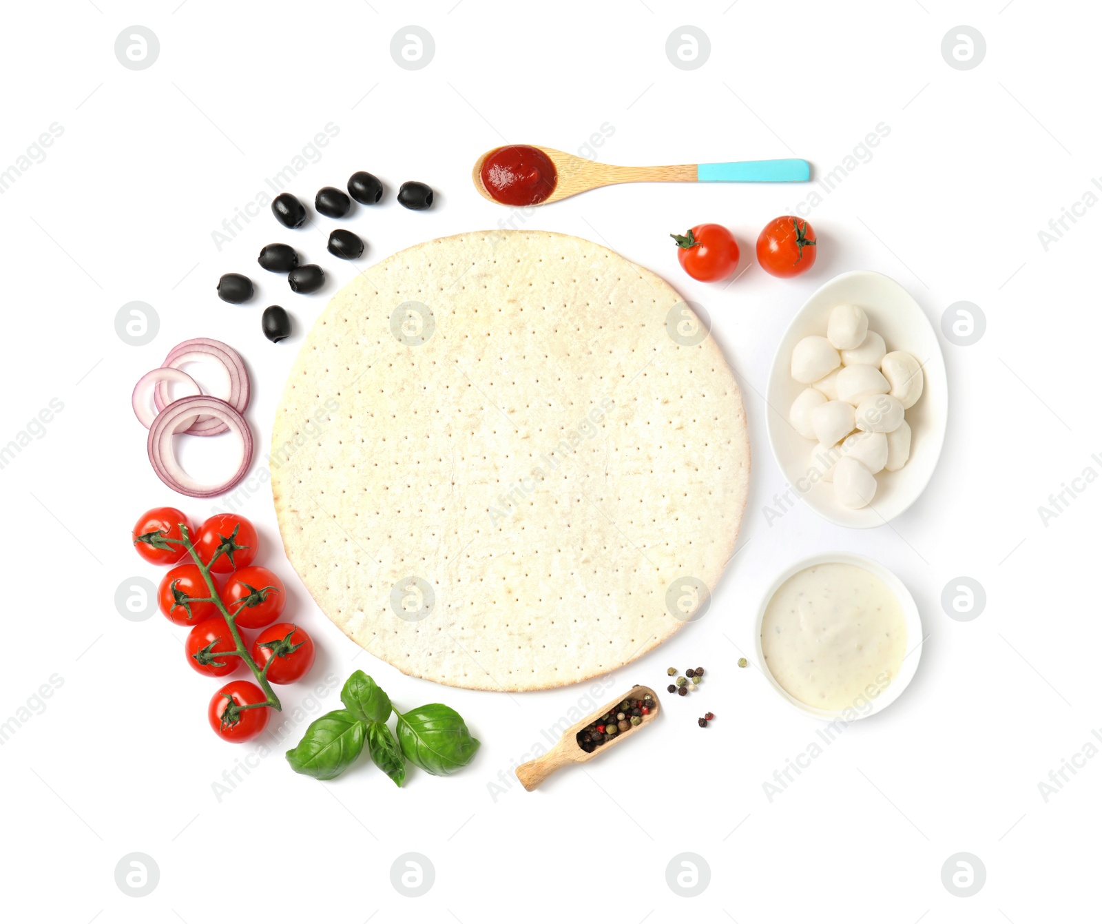 Photo of Flat lay composition with base and ingredients for pizza on white background